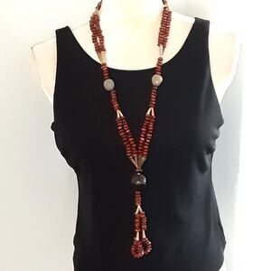 Natural dark brown tribal boho beaded necklace 42" long